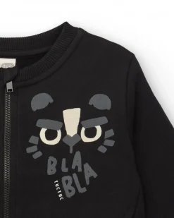 Sweat-shirt en peluche garçon noir avec fermeture éclair et motif tigre collection Cartoon Calling
