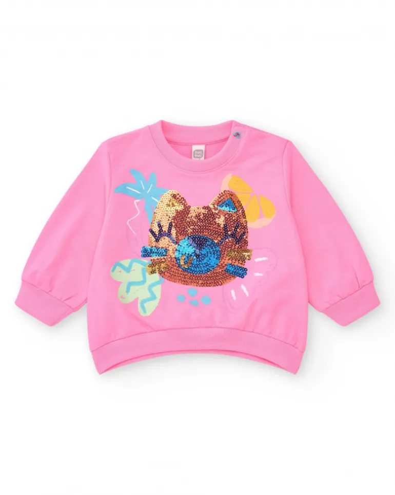 Sweat-shirt en polaire rose pour fille avec col rond et poignets côtelés