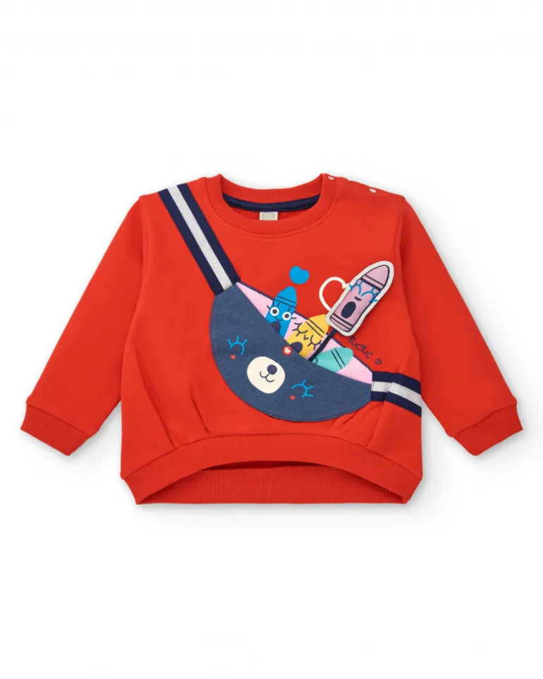Sweat-shirt fille rouge avec imprimé sac à dos et détails amusants collection Big BRains