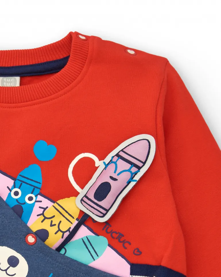 Sweat-shirt fille rouge avec imprimé sac à dos et détails amusants collection Big BRains