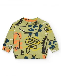 Sweat-shirt kaki pour garçon avec imprimé d’animaux et détails colorés