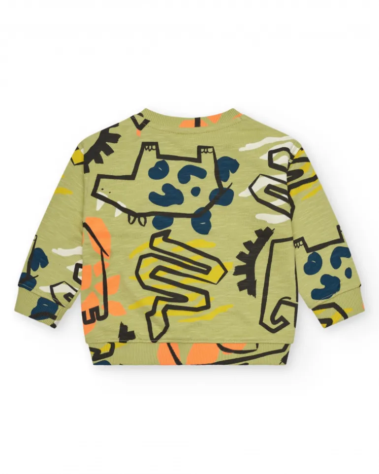 Sweat-shirt kaki pour garçon avec imprimé d’animaux et détails colorés