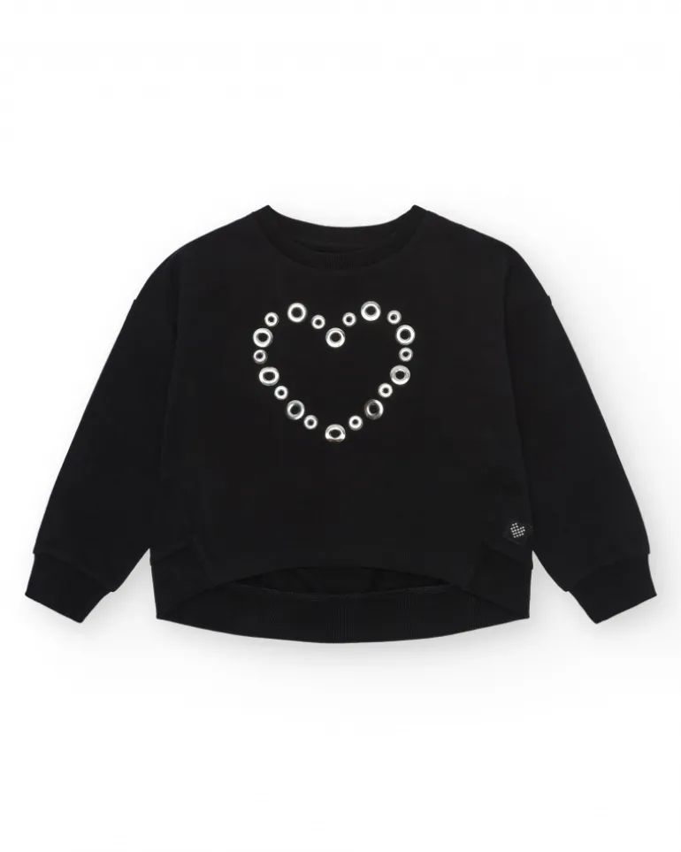 Sweat-shirt pour fille en noir, à manches longues, avec un cœur en appliques.