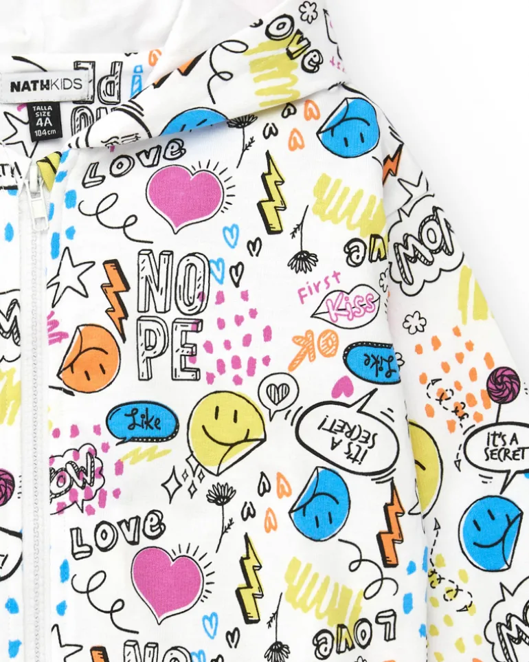 Sweat-shirt pour fille en blanc avec capuche et fermeture éclair.