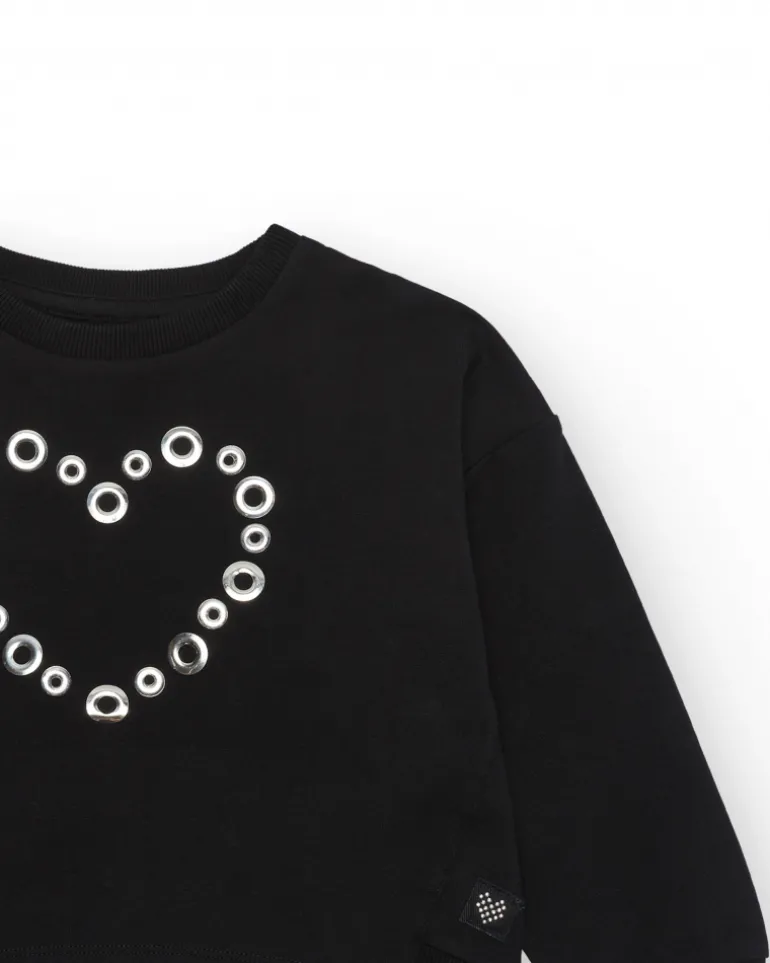 Sweat-shirt pour fille en noir, à manches longues, avec un cœur en appliques.