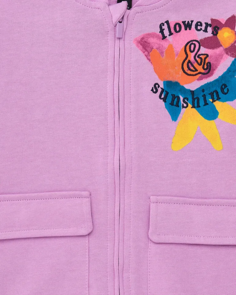 Sweat-shirt pour fille en lilas avec poches avant et fermeture éclair.