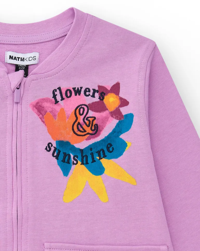Sweat-shirt pour fille en lilas avec poches avant et fermeture éclair.