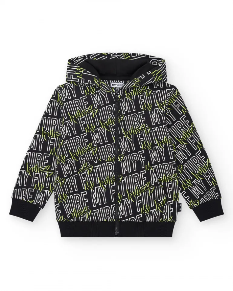 Sweat-shirt pour garçon en noir avec capuche et poches latérales.
