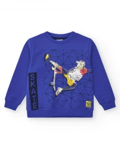 Sweat-shirt pour garçon en bleu avec poignets côtelés et col rond.