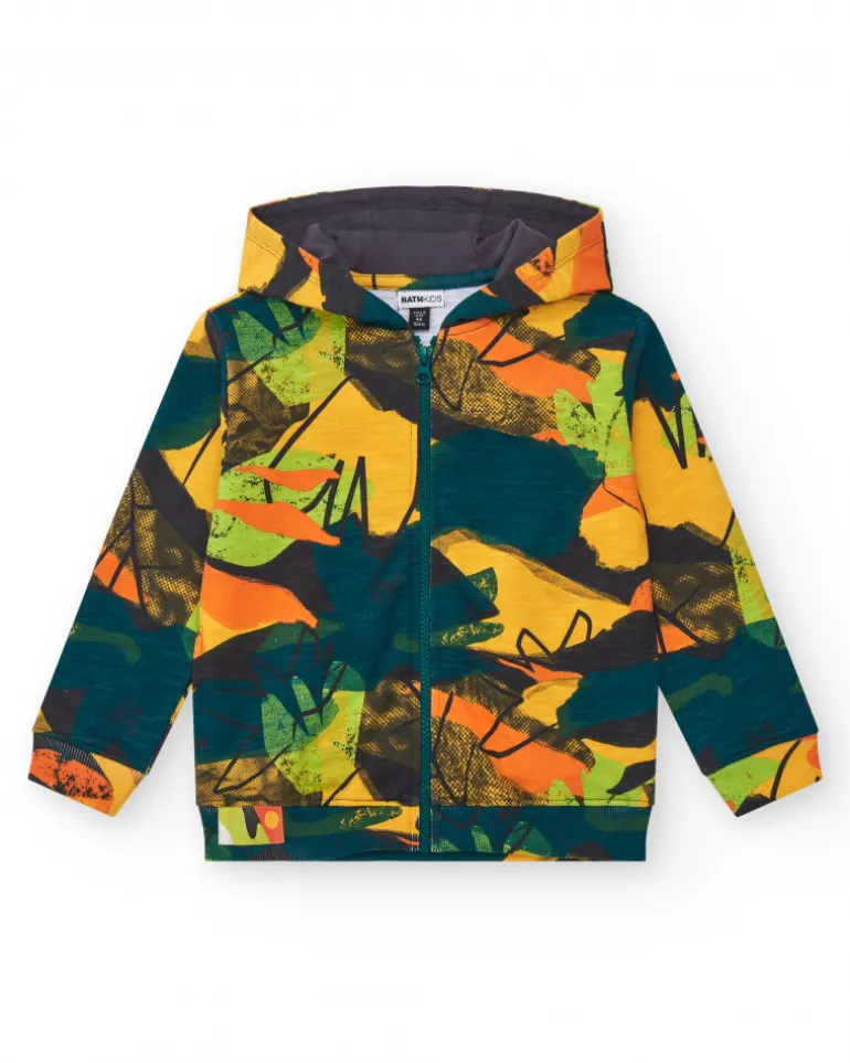 Sweatshirt pour garçon en jaune avec capuche et fermeture éclair.