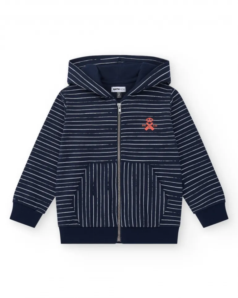 Sweatshirt pour garçon en bleu avec fermeture éclair et poches.