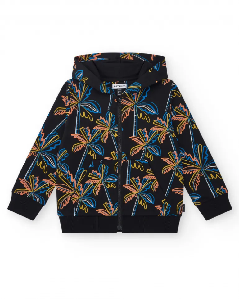 Sweat-shirt pour garçon en noir avec capuche et fermeture éclair.