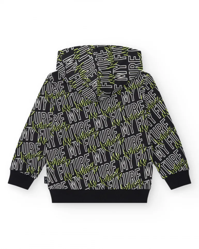 Sweat-shirt pour garçon en noir avec capuche et poches latérales.