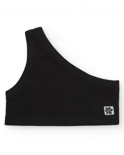 Top asymétrique pour fille en noir avec motif floral.