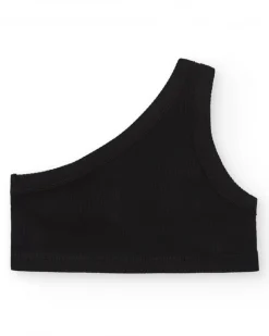 Top asymétrique pour fille en noir avec motif floral.