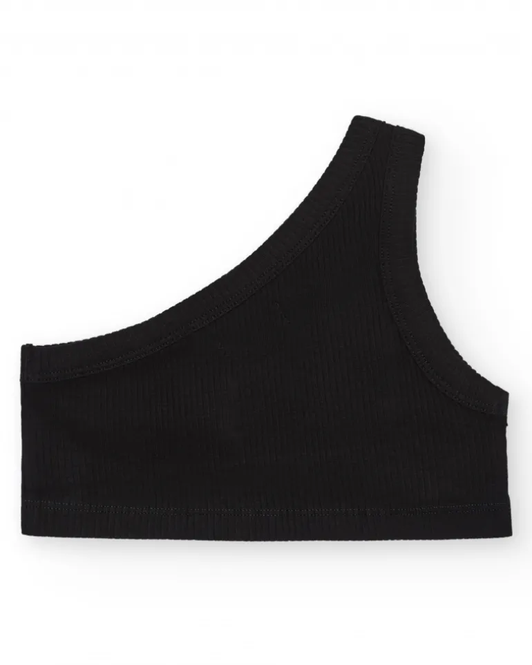 Top asymétrique pour fille en noir avec motif floral.