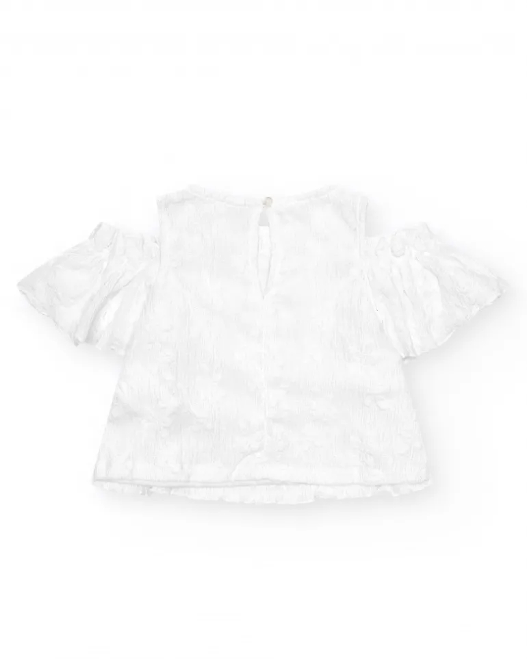 Top pour fille en blanc avec manches larges et épaules dénudées.
