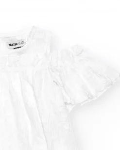 Top pour fille en blanc avec manches larges et épaules dénudées.
