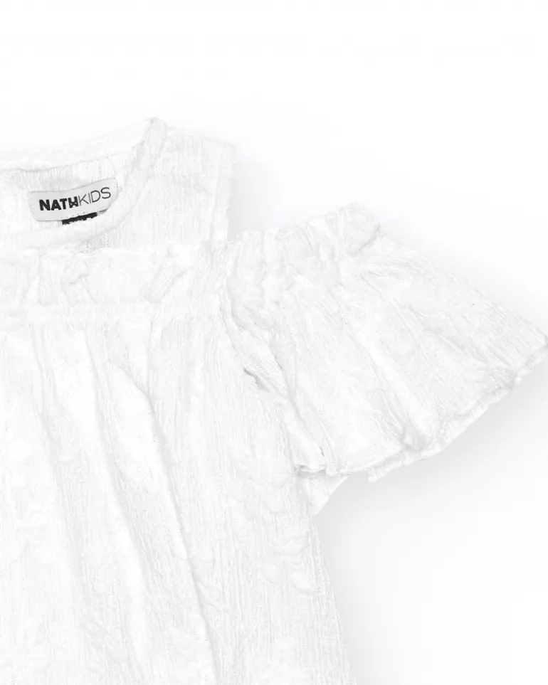 Top pour fille en blanc avec manches larges et épaules dénudées.