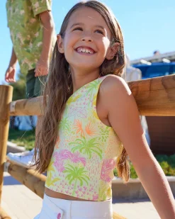 Top pour fille en jaune avec bretelles et perles colorées.