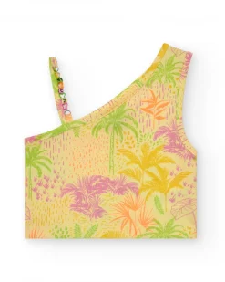 Top pour fille en jaune avec bretelles et perles colorées.