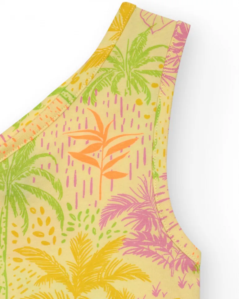 Top pour fille en jaune avec bretelles et perles colorées.