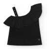 Top pour fille en noir avec design asymétrique et clous métalliques.