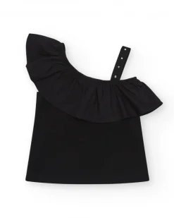Top pour fille en noir avec design asymétrique et clous métalliques.