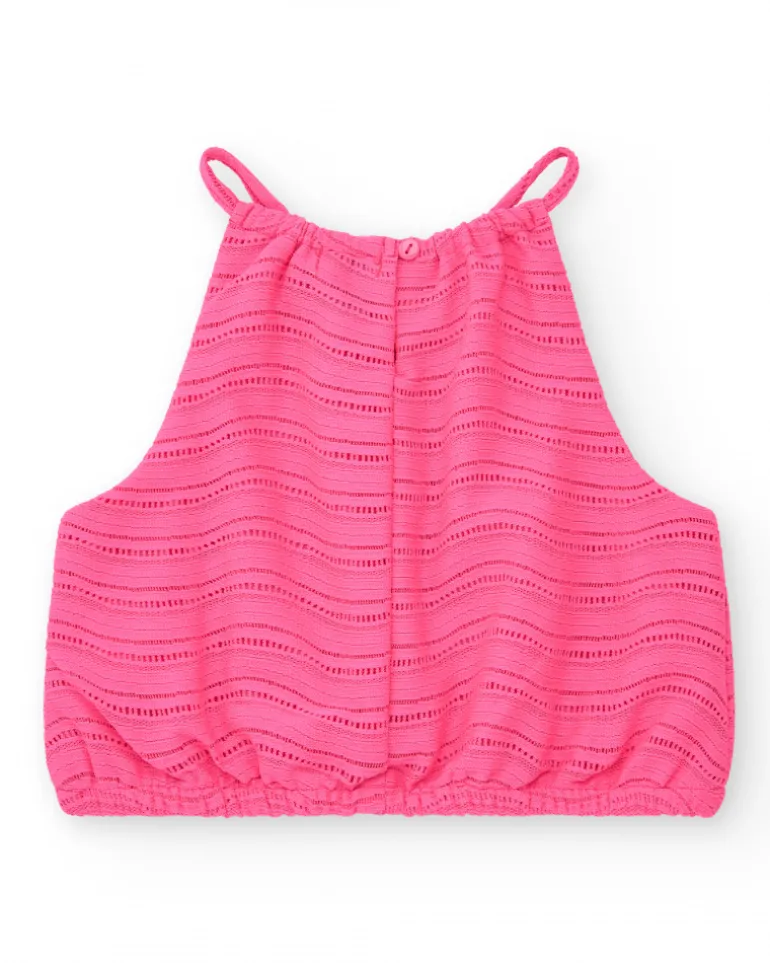 Top pour fille en rose avec bretelles et taille élastique.