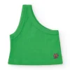 Top pour fille en vert avec bretelle asymétrique et broderie florale.
