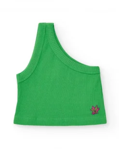 Top pour fille en vert avec bretelle asymétrique et broderie florale.