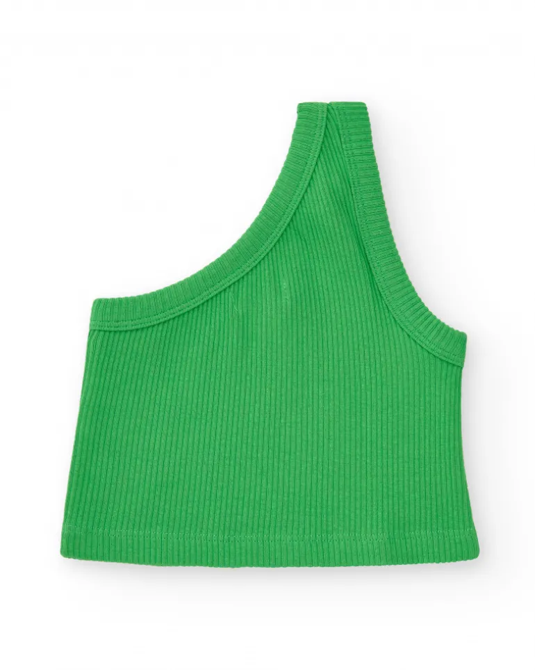 Top pour fille en vert avec bretelle asymétrique et broderie florale.