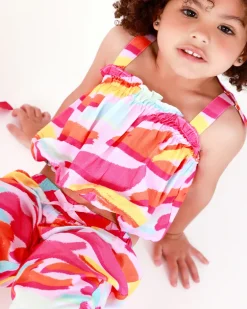 Top rose pour fille avec imprimé multicolore et nœuds aux bretelles