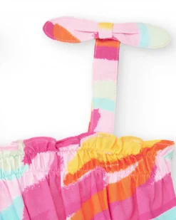 Top rose pour fille avec imprimé multicolore et nœuds aux bretelles