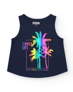 Top sans manches pour fille en bleu avec imprimé palmiers.
