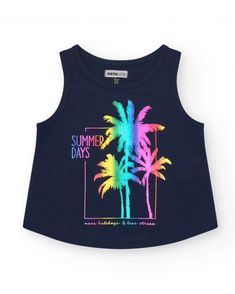 Top sans manches pour fille en bleu avec imprimé palmiers.