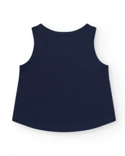 Top sans manches pour fille en bleu avec imprimé palmiers.