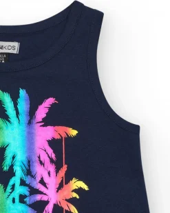 Top sans manches pour fille en bleu avec imprimé palmiers.