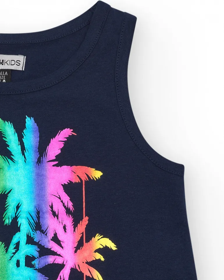 Top sans manches pour fille en bleu avec imprimé palmiers.