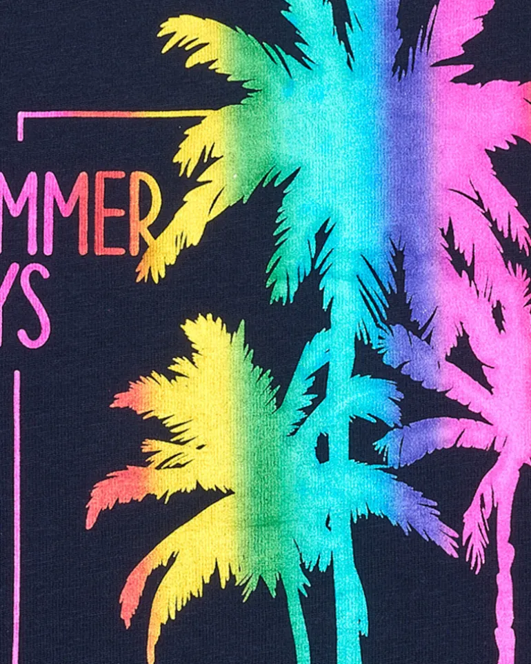 Top sans manches pour fille en bleu avec imprimé palmiers.