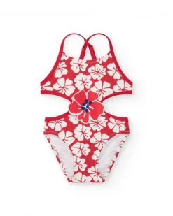 Trikini rouge pour fille avec imprimé floral et détails