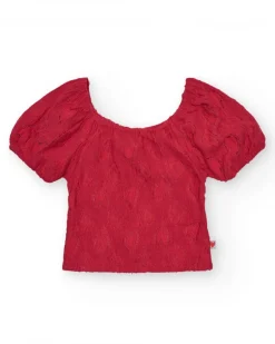 T-shirt à manches courtes pour fille en rouge avec col et manches bouffantes.