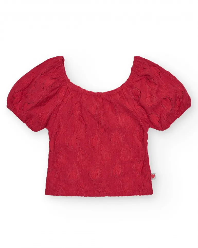 T-shirt à manches courtes pour fille en rouge avec col et manches bouffantes.