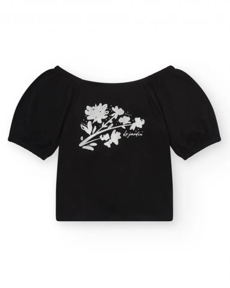 T-shirt à manches courtes pour fille en noir avec manches bouffantes.
