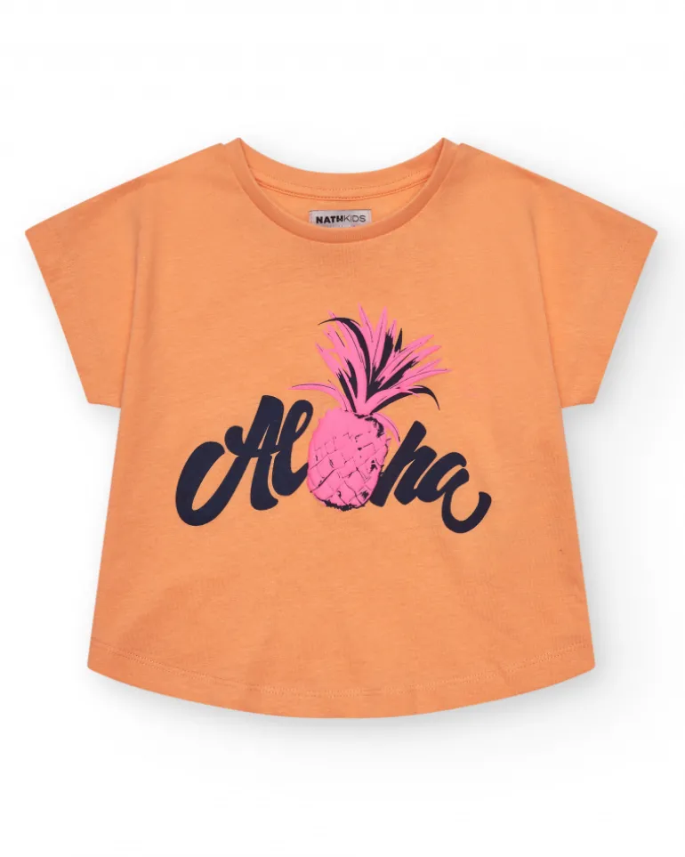 T-shirt à manches courtes pour fille en orange avec imprimé frontal.