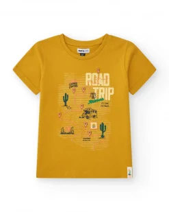 T-shirt à manches courtes pour garçon en moutarde avec imprimé frontal.