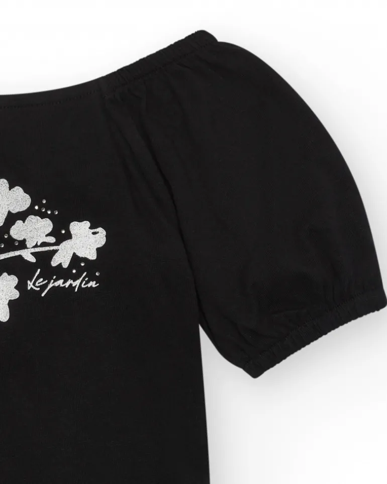 T-shirt à manches courtes pour fille en noir avec manches bouffantes.