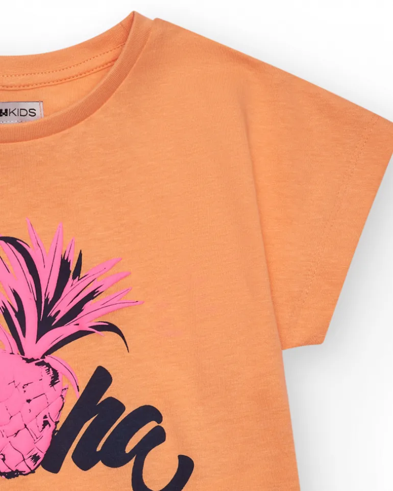 T-shirt à manches courtes pour fille en orange avec imprimé frontal.