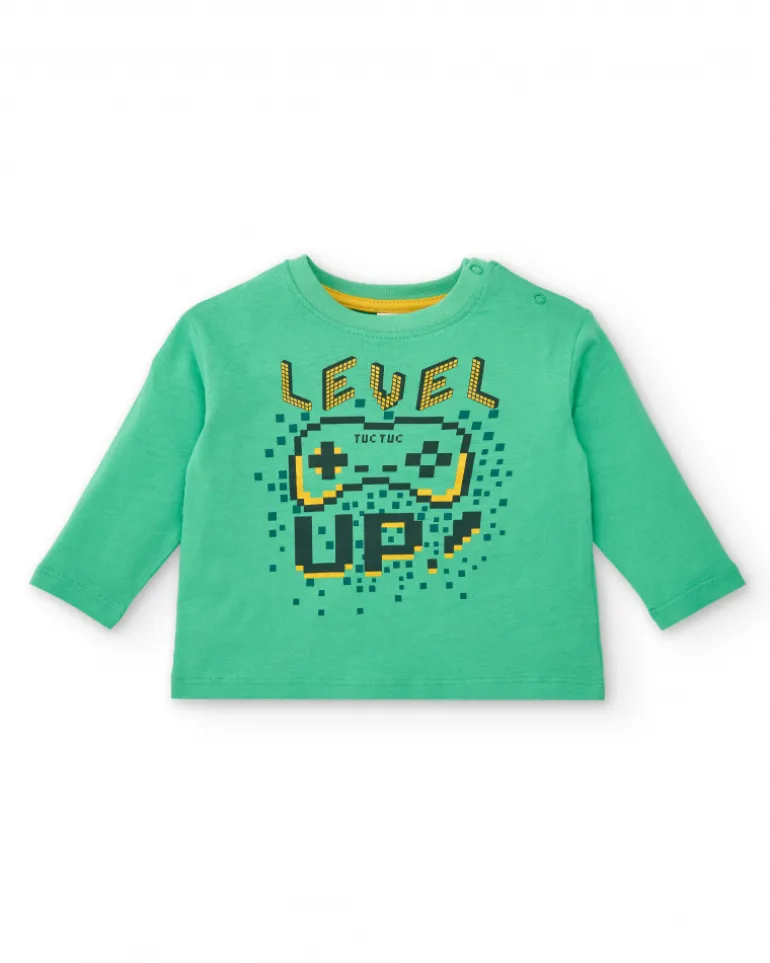 T-shirt à manches longues pour garçon vert avec imprimé "Level Up", collection Cyber Dino