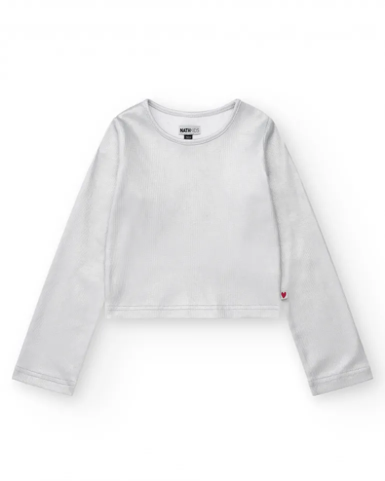 T-shirt à manches longues pour fille en argenté avec finition brillante.